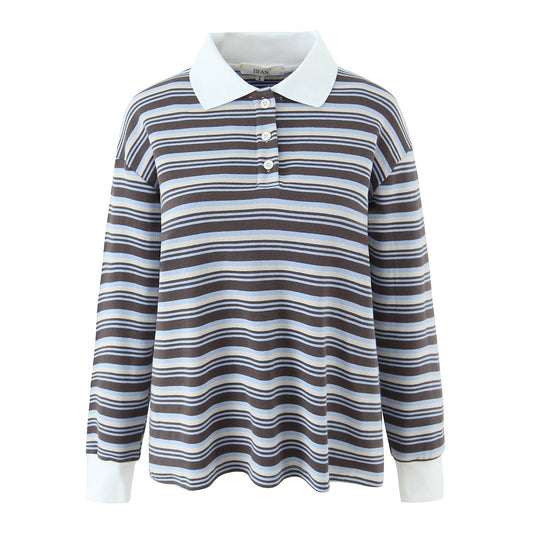 Florence | Blue Cosy Striped Long Sleeve Polo Top
