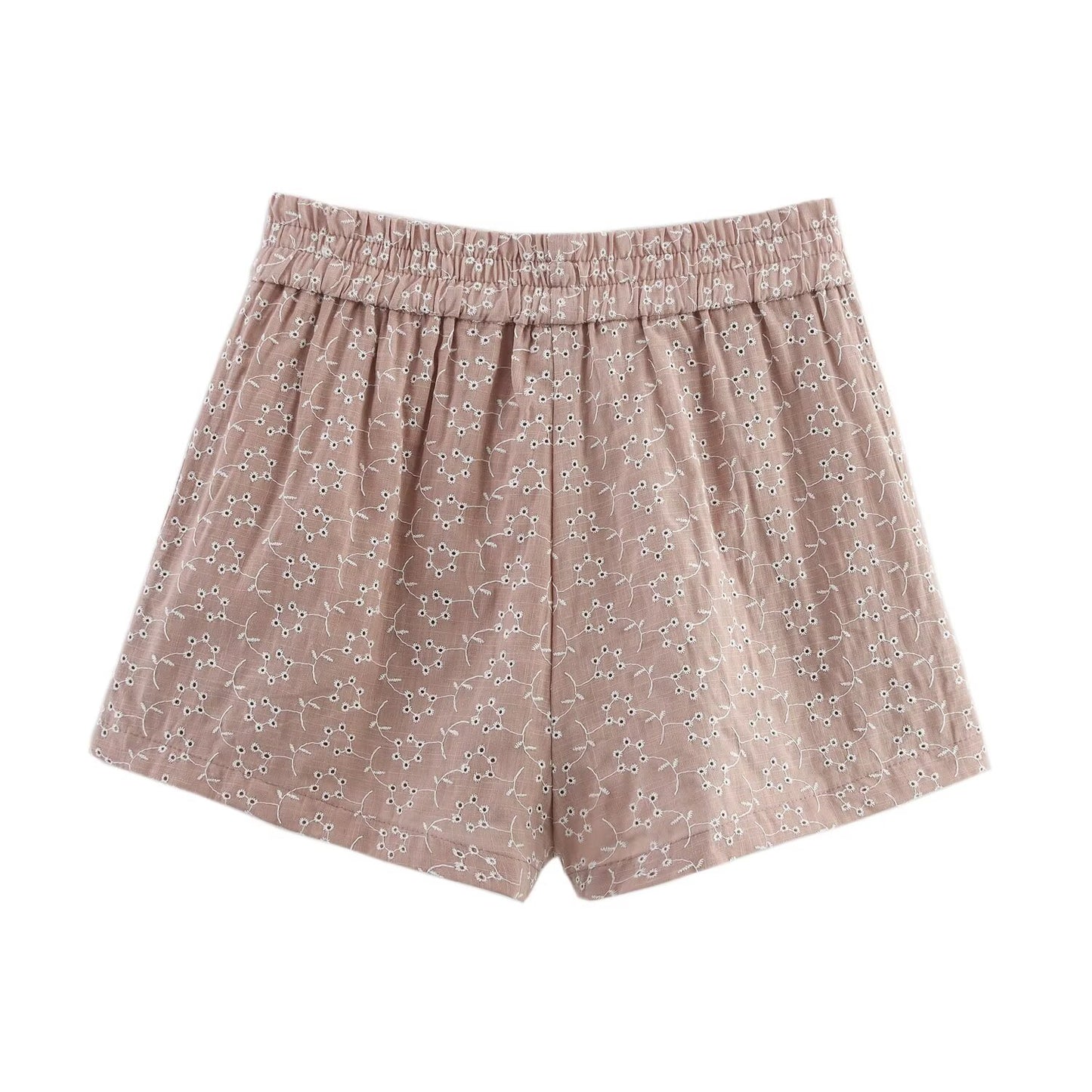 Neve | Casual Linen Shorts Pink Embroidered High Waisted