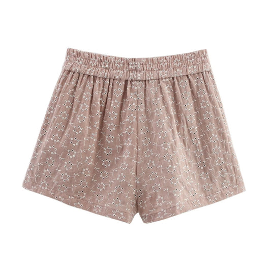 Margot | Linen Shorts Taupe Embroidered High Waisted