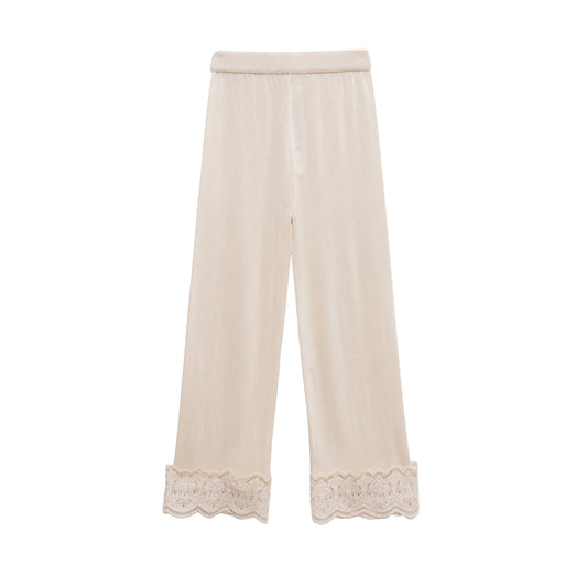 Margot | Casual Lace Hem Wide Leg Pants Cream High Waisted