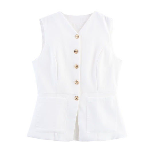 Vera | Sleeveless Vest White Button Front Tailored V Neck