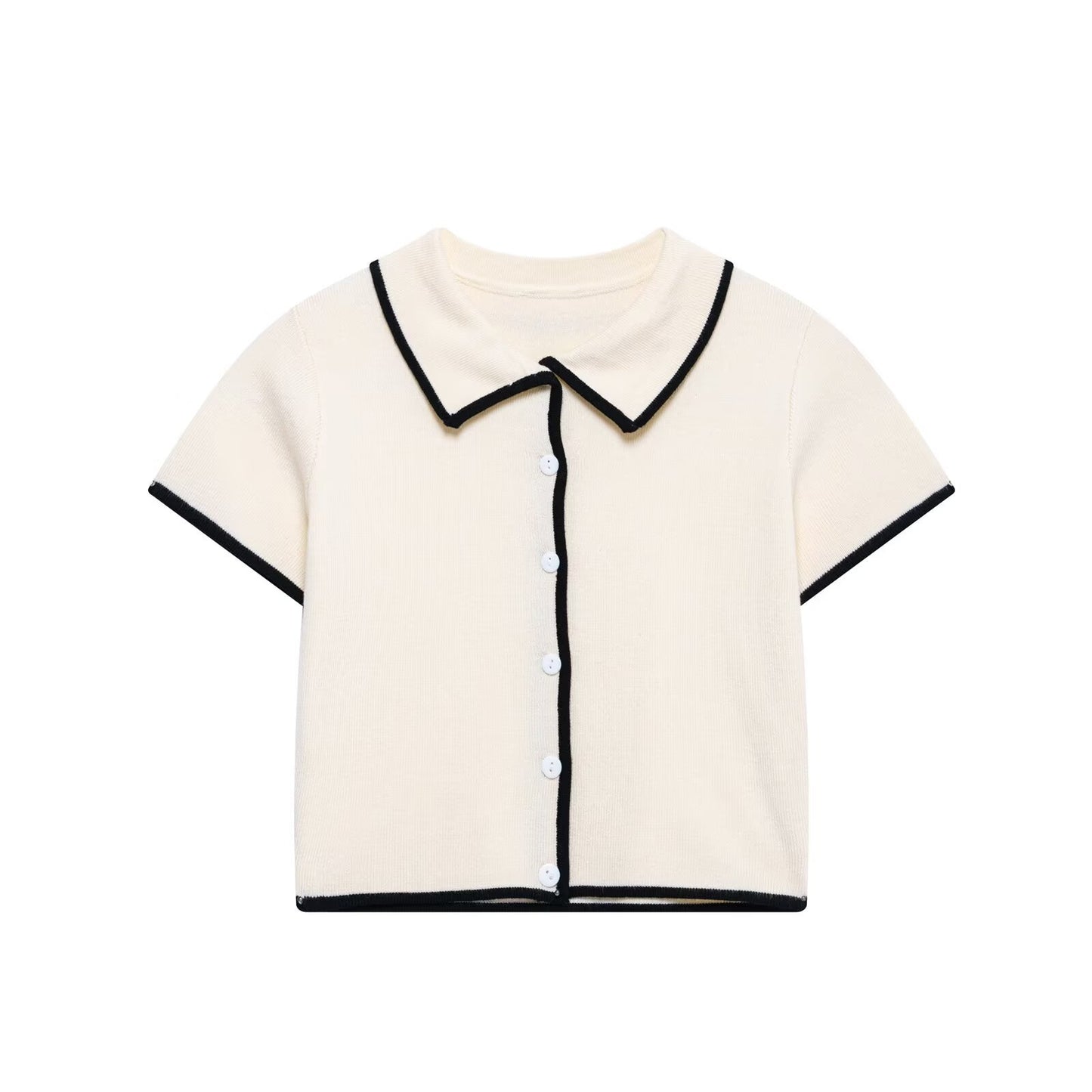 Cora | Elegant Contrast Trim Knitted Top Cream Short Sleeve Cropped