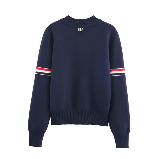 Wren | Navy Bomber Jacket Varsity Striped Sleeve Button Front