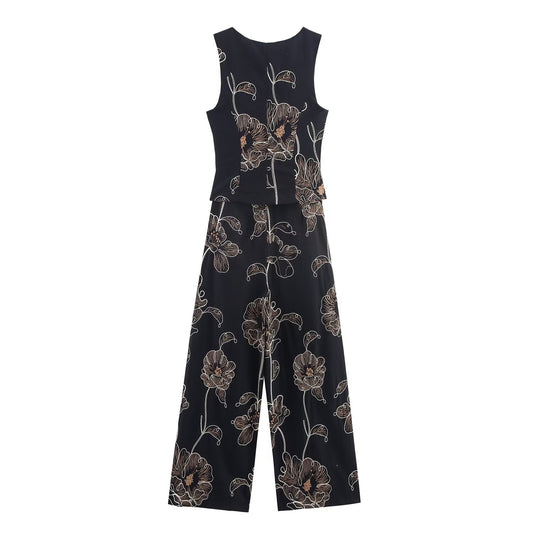 Freya | Elegant Floral Co Ord Set Black Wide Leg