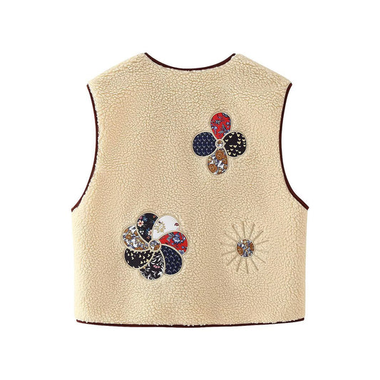 Margot | Sleeveless Cardigan Cream Embroidered Patchwork Toggle Front
