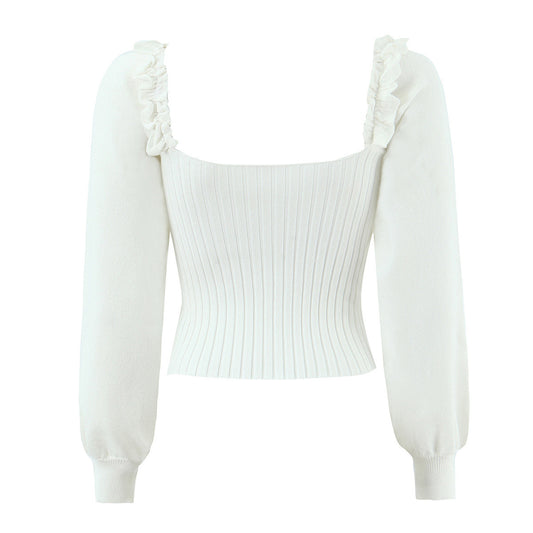 Liv | Knitted Top Cream Ruffle Neck Long Sleeve