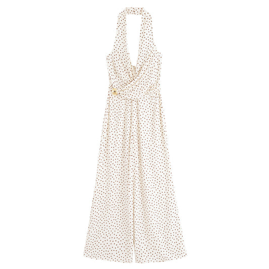 Maeve | Elegant Polka Dot Jumpsuit Cream Halter Neck Wide Leg
