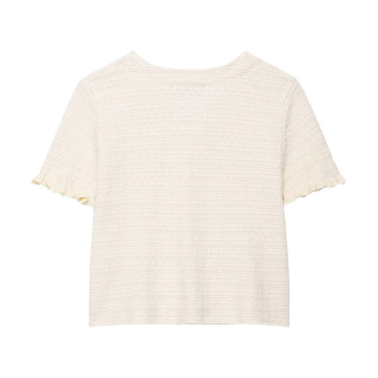 Thea | Textured Short Sleeve Button Front Top Cream Cropped
