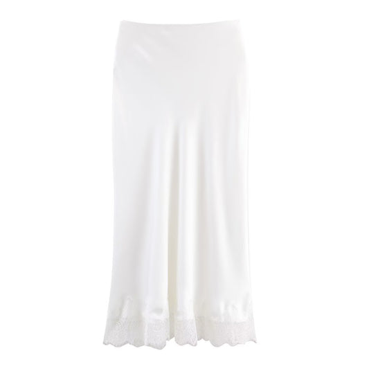 Orla | Elegant Satin Midi Skirt White Lace Trim Slip Pencil