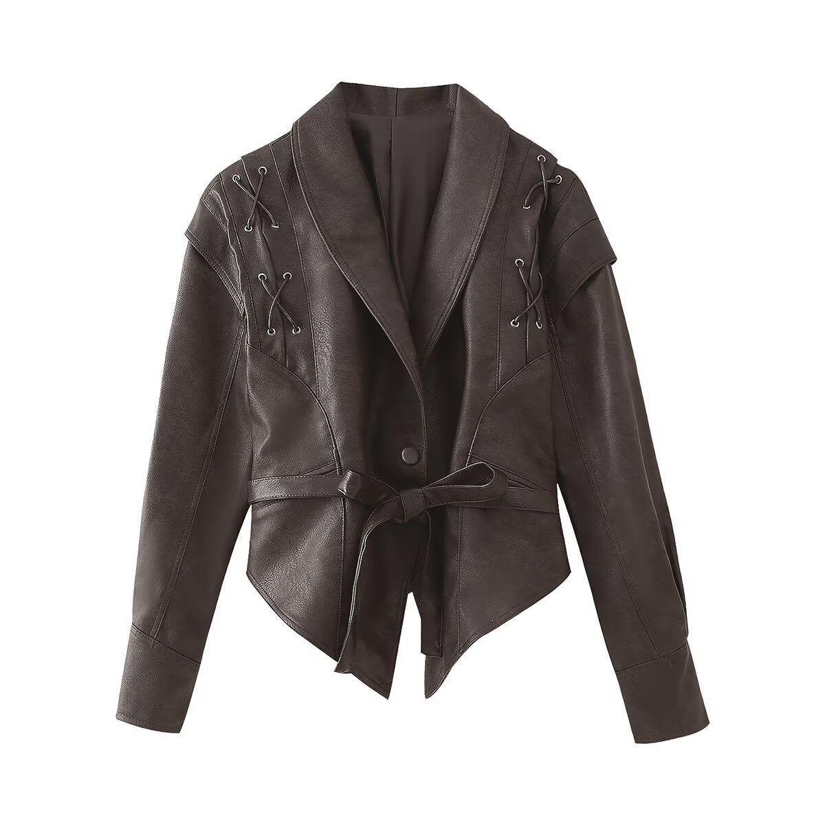 Thea | Faux Leather Jacket Brown Belted Shawl Collar
