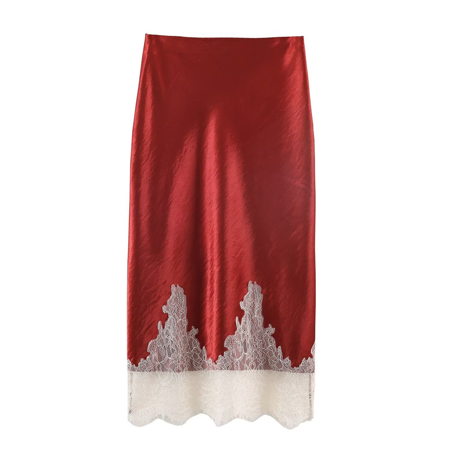 Sia | Elegant Satin Midi Skirt Red Lace Hem Slip