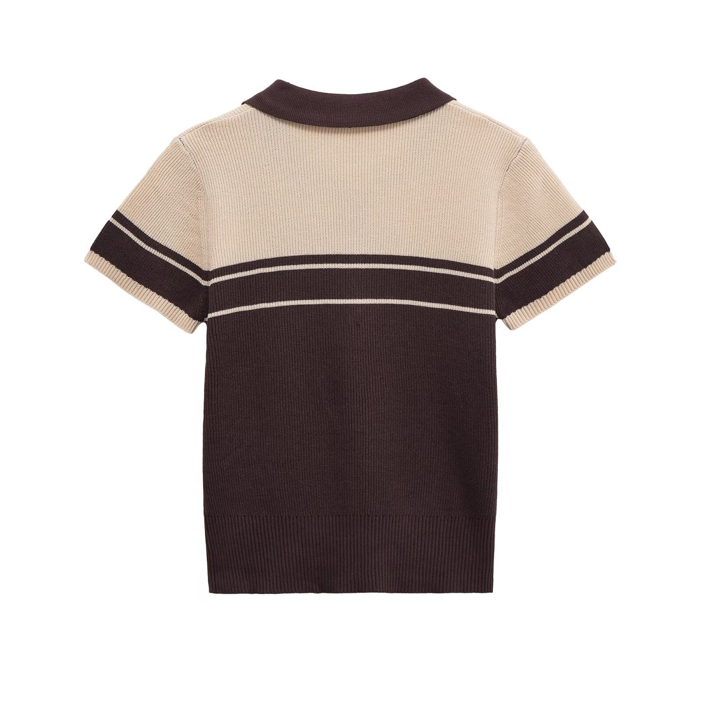 Rose | Brown Chic Ribbed Knit Colour Block Short Sleeve Polo Top