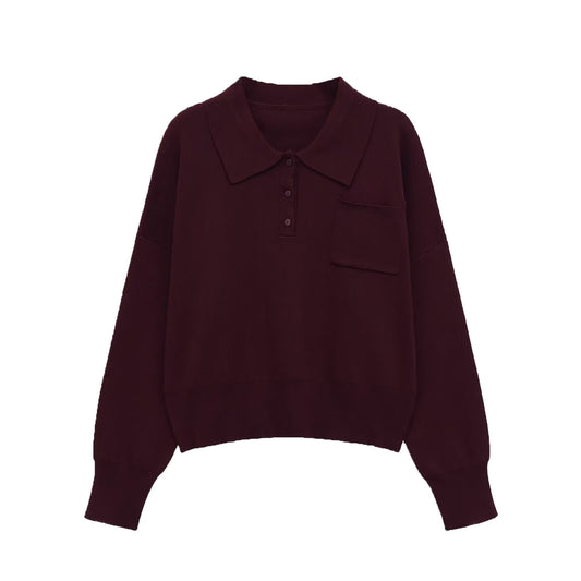 Scarlett | Burgundy Knit Polo Jumper with Pocket Detail