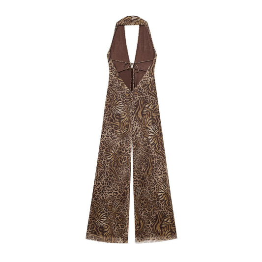 Margot | Leopard Print Jumpsuit Brown Halter Neck Wide Leg