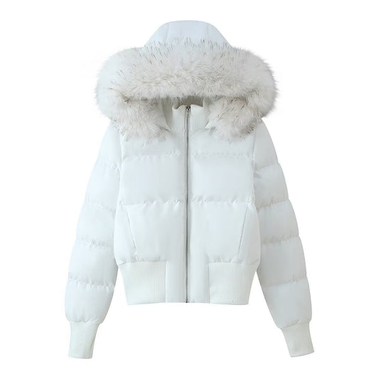 Zoe | Winter Cropped Puffer Jacket White Hooded Faux Fur Trim Padded