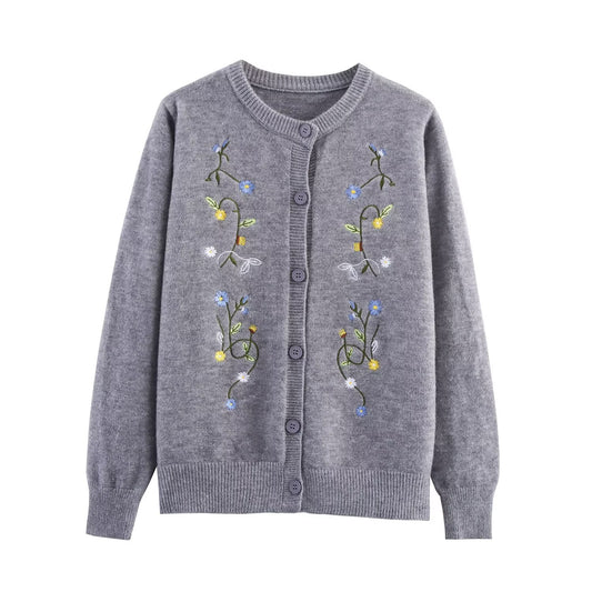 Fern | Grey Cardigan Knitted Embroidered Floral Long Sleeve Button Front