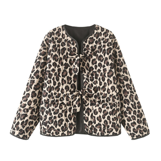 Aria | Quilted Jacket Leopard Print Brown Beige Collarless Zip Up