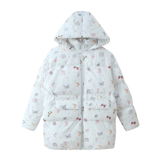 Nell | Winter Puffer Jacket White Printed Hooded Padded