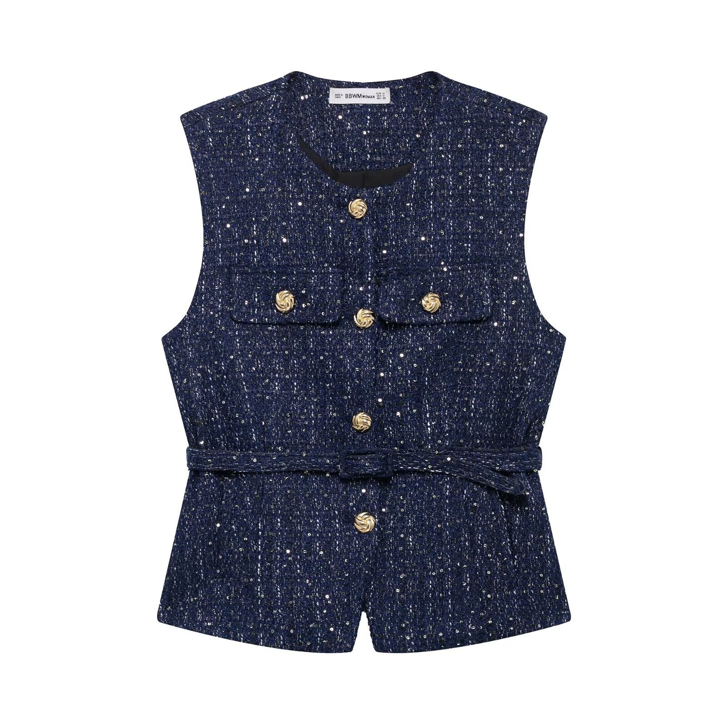 Mara | Tweed Button Front Vest Black Gold Accents