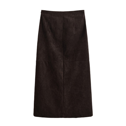 Margot | Suede Wrap Midi Skirt Brown Button Front