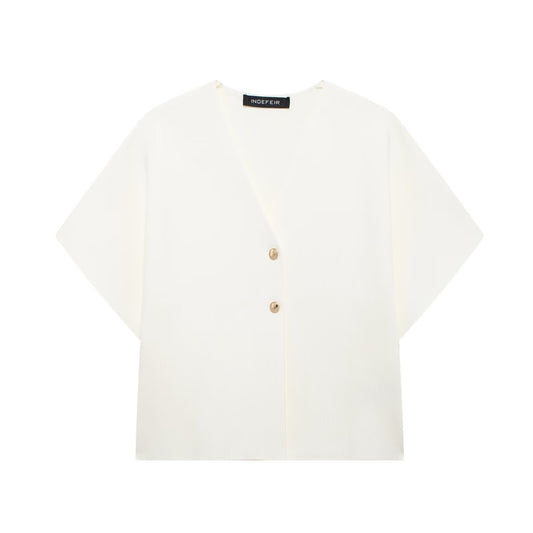 Margot | Cropped Button Up Blouse Black Short Sleeve V Neck