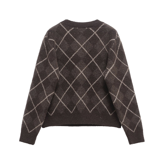 Margot | Casual Argyle Knitted Top Brown Diamond Pattern