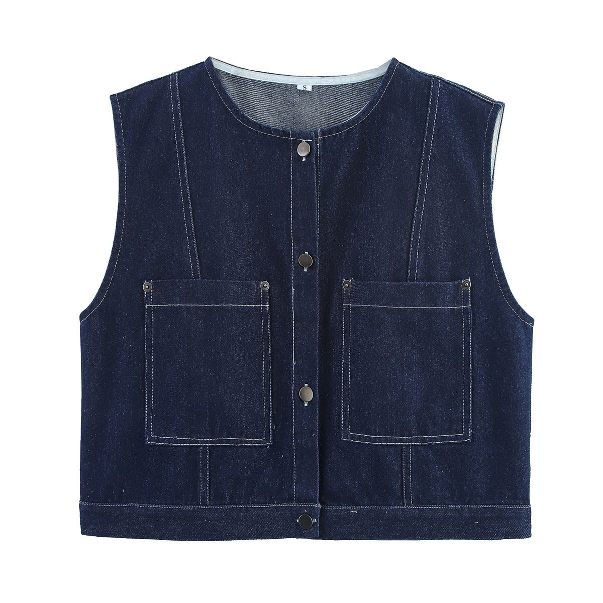 Ophelia | Sleeveless Denim Vest Navy Blue Button Front Utility Pockets
