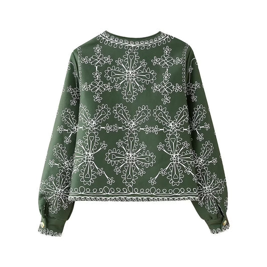 Sia | Bomber Jacket Green Embroidered Short Zip Up Cropped