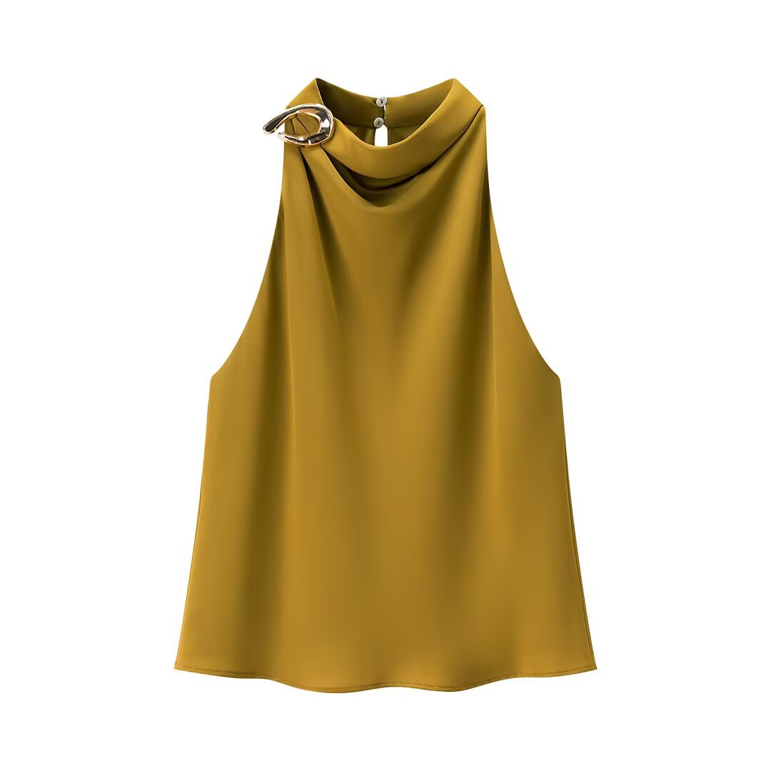 Orla | Elegant Cowl Neck Top Satin Yellow Sleeveless Halter