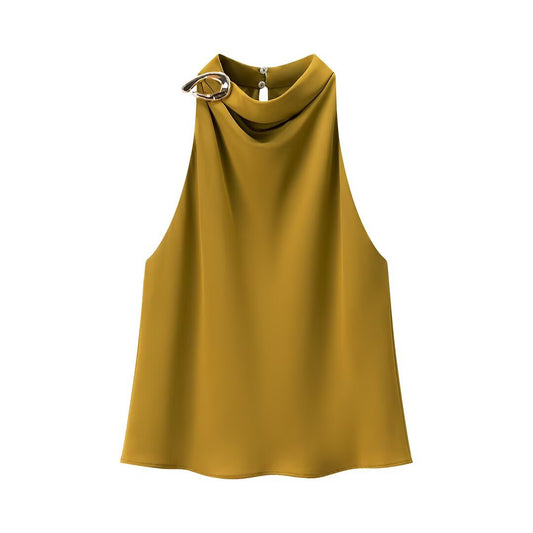 Orla | Elegant Cowl Neck Top Satin Yellow Sleeveless Halter