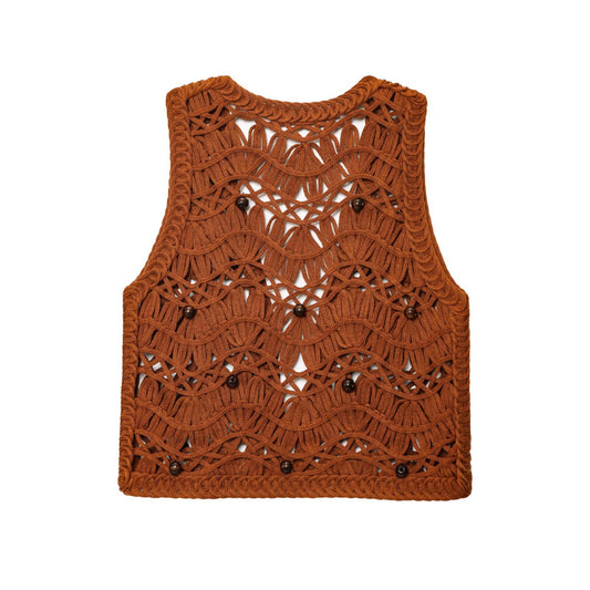 Thea | Cropped Crochet Cardigan Brown Beaded Sleeveless