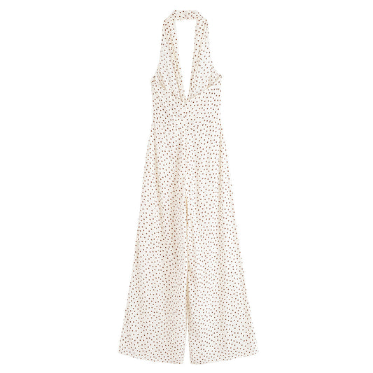 Maeve | Elegant Polka Dot Jumpsuit Cream Halter Neck Wide Leg