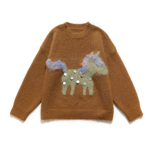 Aria | Knitted Sweater Brown Pony Print Fluffy Ears