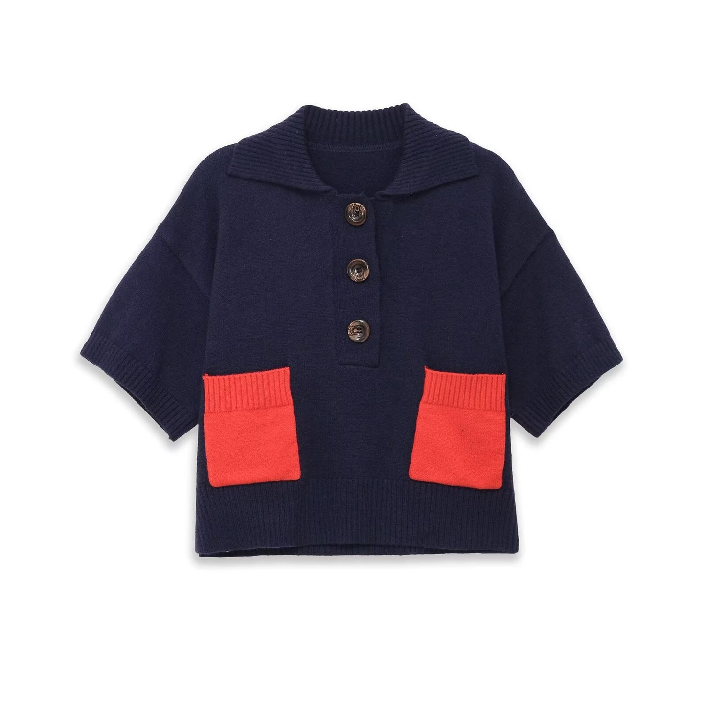 Iris | Navy Knitted Shirt Short Sleeve Collared Button Front Red Pockets