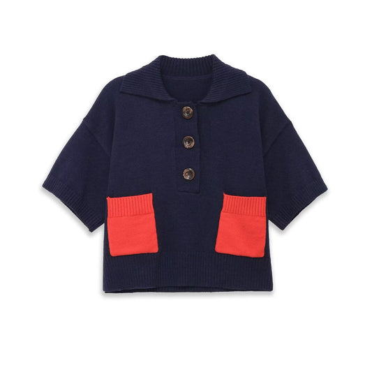 Iris | Navy Knitted Shirt Short Sleeve Collared Button Front Red Pockets