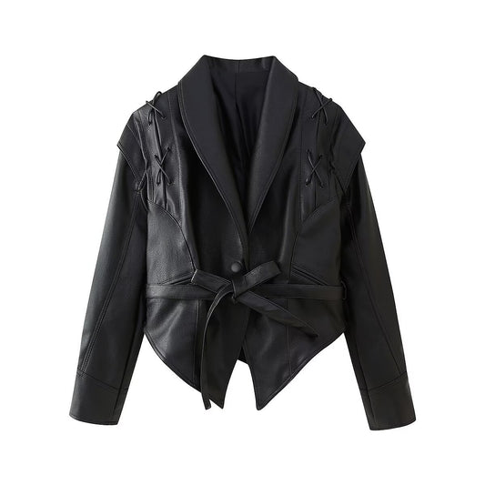 Nola | Faux Leather Jacket Black Belted Lace Up Long Sleeve