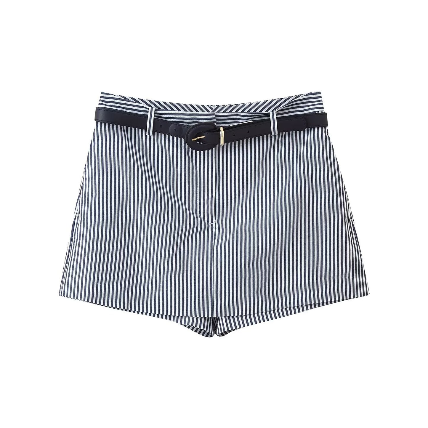 Thea | High Waisted Linen Shorts Cream Striped Tailored