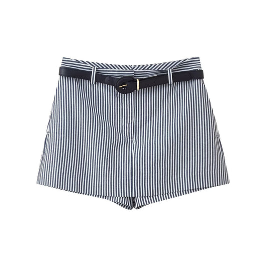 Thea | High Waisted Linen Shorts Cream Striped Tailored