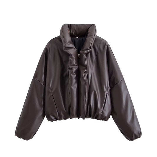 Mia | Winter Faux Leather Puffer Jacket Brown Oversized Cropped