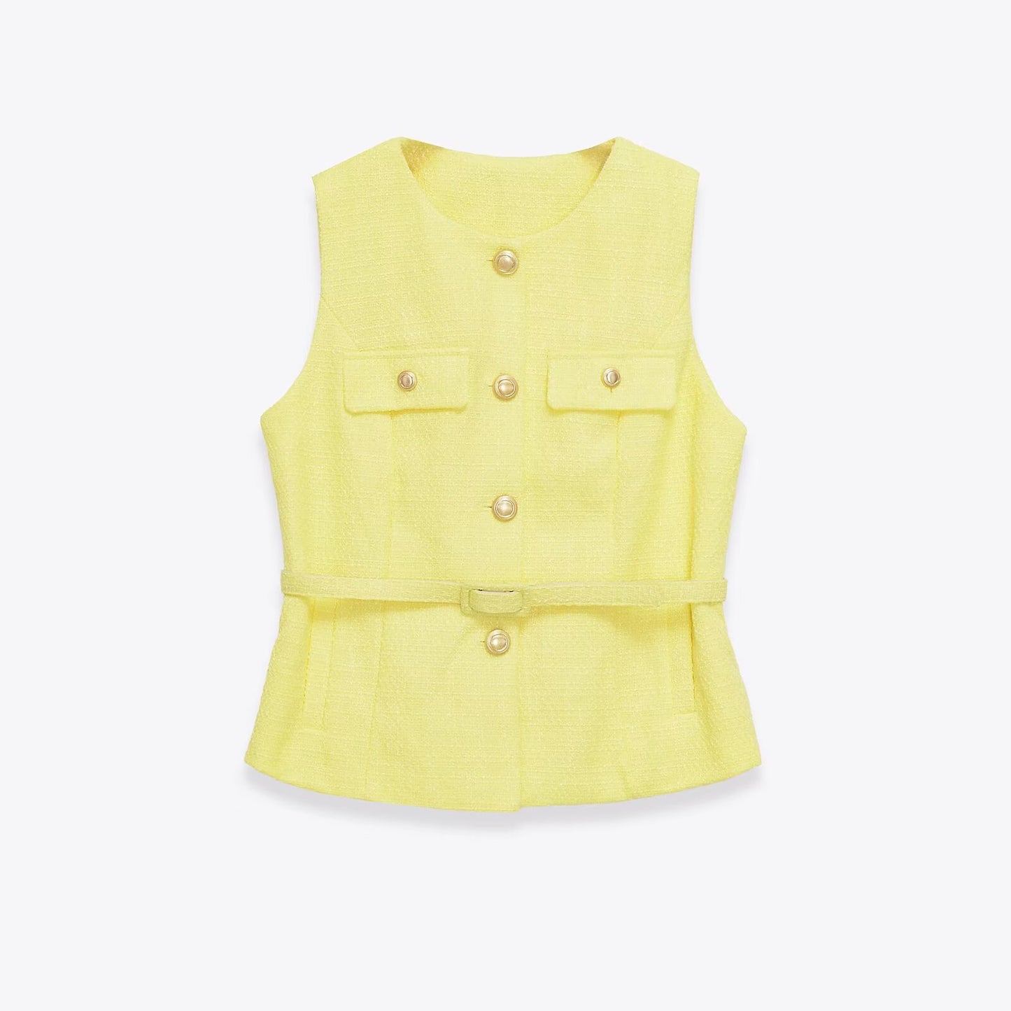 Gemma | Elegant Sleeveless Blazer Black Tweed Belted Gold Button