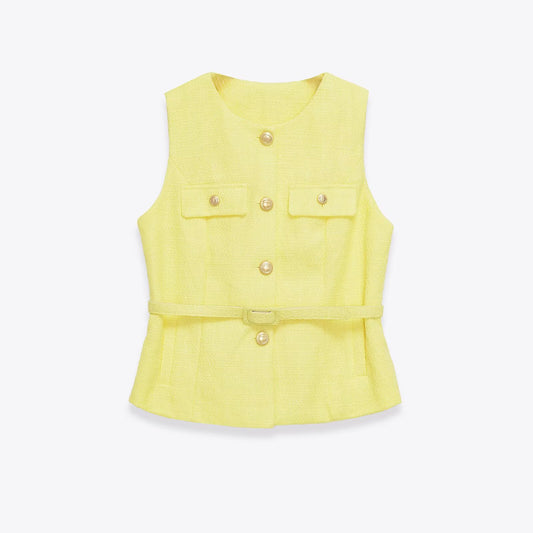 Olive | Sleeveless Tweed Vest Black Gold Button Belted