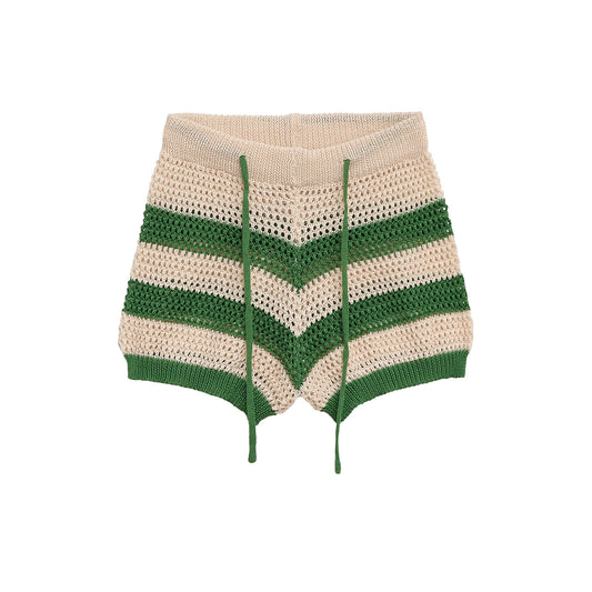 Thea | Crochet Shorts Green Cream Striped High Waisted