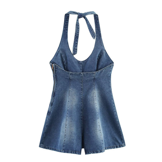 Celine | Denim Halter Neck Mini Jumpsuit Blue