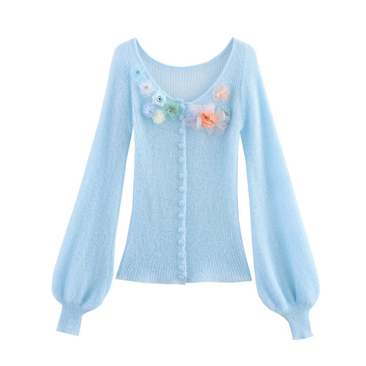 Thea | Coquette Button Front Knit Sweater Yellow Floral Applique V Neck