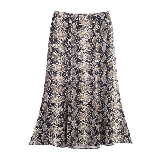 Vera | Snake Print Satin Midi Skirt Brown Bias Cut