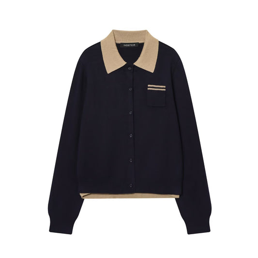 Harper | Black Elegant Knit Polo Cardigan with Contrast Collar