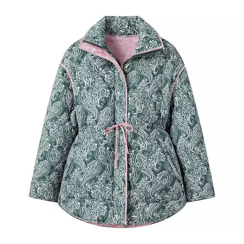 Rhea | Quilted Puffer Jacket Green Paisley Print Oversized Drawstring