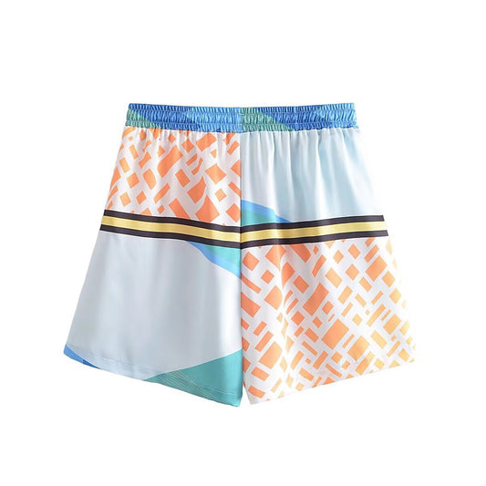 Vera | Geometric Print Shorts White Orange Drawstring High Waisted