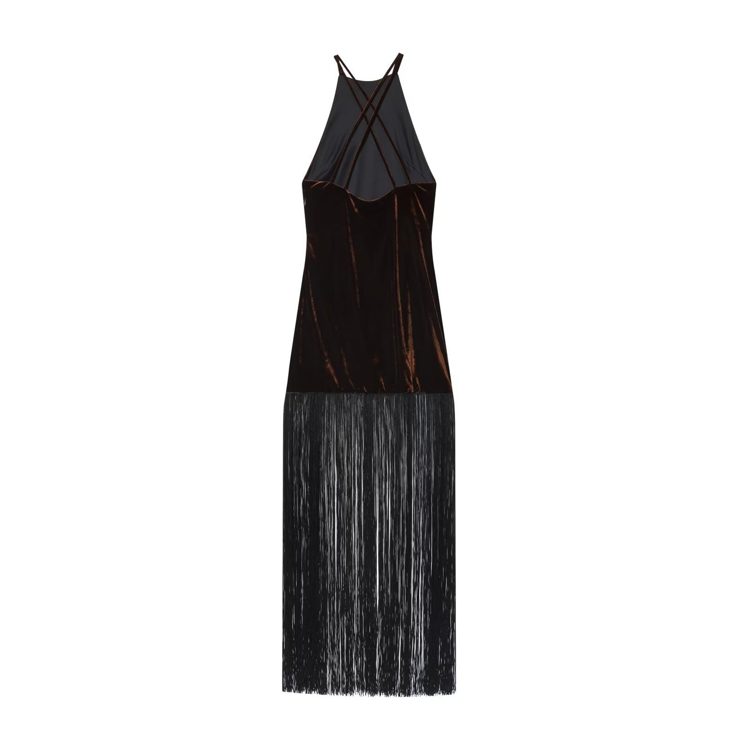 Thea | Velvet Fringe Maxi Dress Black Halter