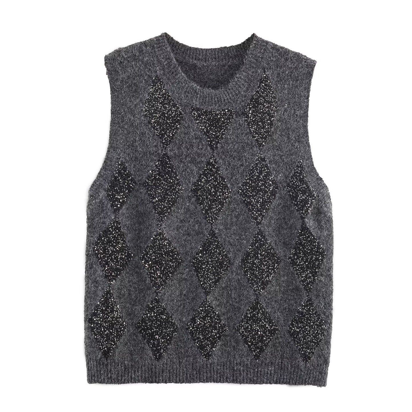 Nola | Vest Top Grey Knitted Argyle Sleeveless Rhinestone